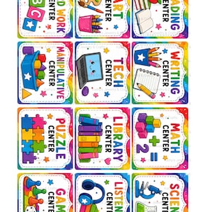 Puede incluir: Un conjunto de doce letreros rectangulares para centros de aula con bordes de arcoíris y fondos blancos. Cada letrero presenta ilustraciones coloridas y texto negro en negrita que etiqueta áreas como Word Work, Art, Reading, Manipulative, Tech, Writing, Puzzle, Library, Math, Game, Listening y Science centers.