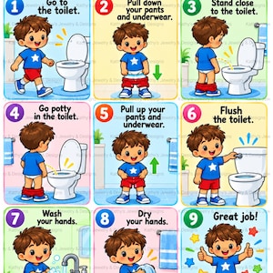 May include: A nine-step instructional poster titled Let's Use the Toilet! featuring a cartoon child in a blue shirt and red shorts demonstrating bathroom hygiene steps including using the toilet, flushing, washing hands, and drying hands.