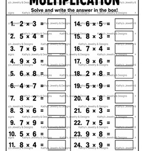 Może przedstawiać: Czarno-biały arkusz do mnożenia z tytułem MULTIPLICATION, polami na imię i datę oraz dwudziestoma sześcioma ponumerowanymi zadaniami matematycznymi z pustymi polami na odpowiedzi. Tekst Kathy's Jewelry & Designs powtarza się na stronie.