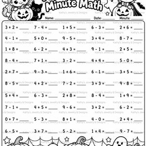 May include: A black and white Halloween Minute Math worksheet featuring a witch, a vampire, pumpkins, ghosts, a cat, and a spider. The page includes lines for name, date, and minute, followed by a grid of addition and subtraction problems.