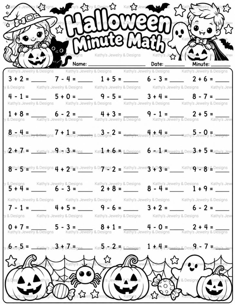 May include: A black and white Halloween Minute Math worksheet featuring a witch, a vampire, pumpkins, ghosts, a cat, and a spider. The page includes lines for name, date, and minute, followed by a grid of addition and subtraction problems.