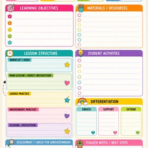 May include: A colorful lesson plan template featuring a green frog and a blue owl with the text LESSON PLAN, teach inspire grow, and Every day is a new chance to make a difference. It includes sections for objectives, materials, activities, and notes.