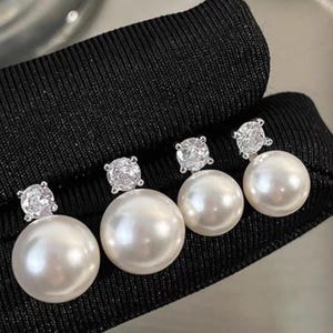 Sterling Silver Pearl Stud Earrings Tear Drop Diamond Stud Earrings Wedding Earrings Bridal Earrings Engagement Earrings Gift for Mom Gift
