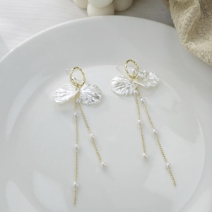 Shell Flower Petal Long Earrings Elegant Floral Dangle Earrings Elegant Flower Petal With Pearl Drop Earrings Wedding Earrings Gift For Her
