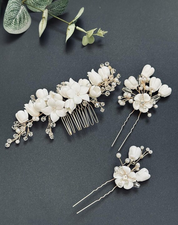Floral Bridal Headpiece Set: Porcelain Flowers, Crystal Gold  display picture 1