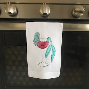 Embroidered Mermaid in a Wine Glass Kitchen Linen Tea Towel - Beach Decor - Beach House - Nautical Decor