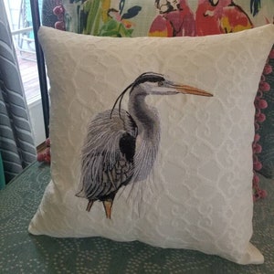 Embroidered Blue Heron Pillow - Shore Bird - Beach Decor
