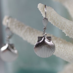 Allergy Free Scallop Shell Dangle Leverback Earrings - Gold or Silver