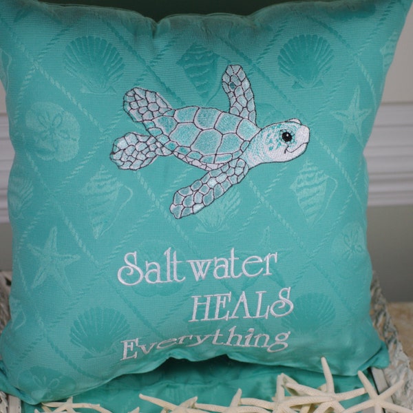 Embroidered Sea Turtle Pillow - Saltwater Heals Everything - Beach Decor - Customizable
