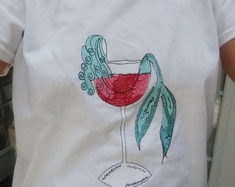 Mermaid Shirt - Embroidered Mermaid in Wine Glass or Mermaid in Margarita Glass - Beachwear - Ladies Wear