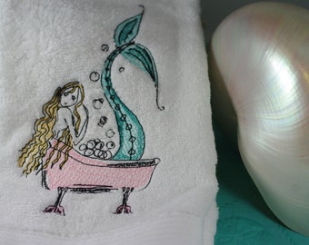 Mermaid Bubble Bath Embroidered Bathroom Hand Towel - 16x30 - Beach Decor - Beach House - Nautical Decor