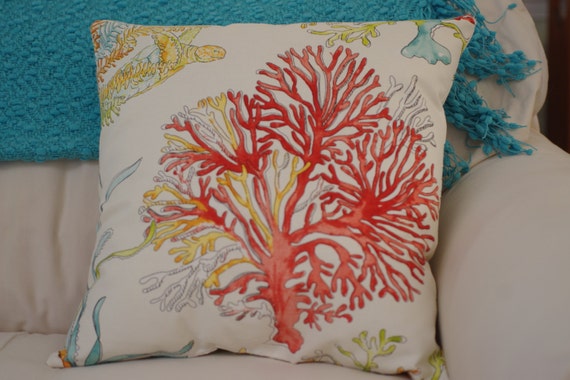 Beach Decor Red Coral And Sea Turtle Ocean Reef Pillow Etsy