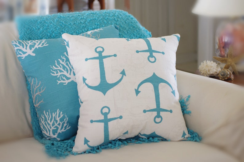 Anchors Away Pillow White, Gray, Aqua, Turquoise Anchor Pillow image 5