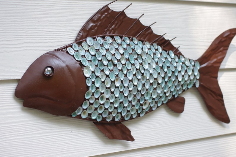 Nautical Wall Decor Metal Fish With Aqua Limpet Shell Scales Etsy