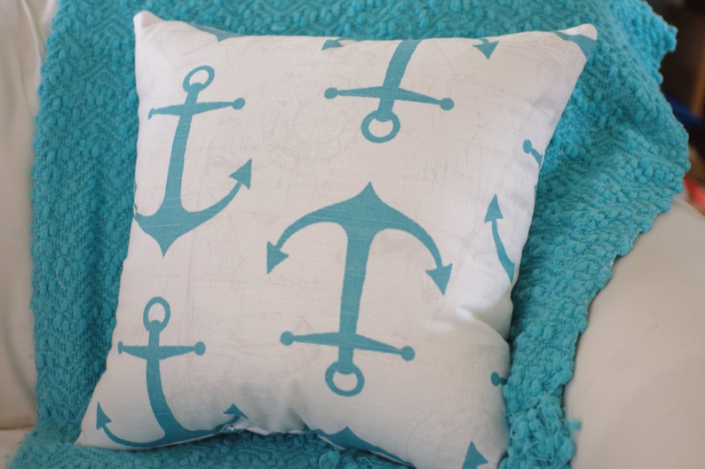 Anchors Away Pillow White, Gray, Aqua, Turquoise Anchor Pillow image 4