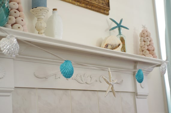 Beach Decor Mantel Fireplace Garland -  Starfish and Seashell - Silver and Turquoise Sparkling Garland