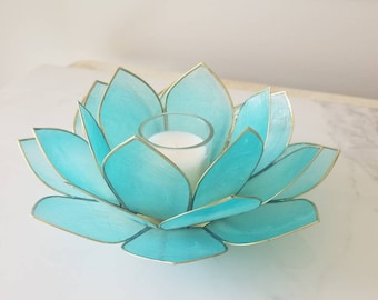 Aqua Blue Capiz Lotus Flower Votive