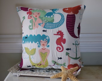 Embroidered Mermaid Pillow - Beach Decor - Whimsical Mermaid Fabric