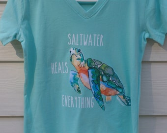 Saltwater Heals Everything Sea Turtle Ladies V Neck Tshirt - Shelling Life&trade - Beachwear - Ladies Wear - FREE SHIPPING in US