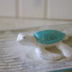 Beach Decor Cast Iron Baby Sea Turtle White and Metallic Turquoise image 2