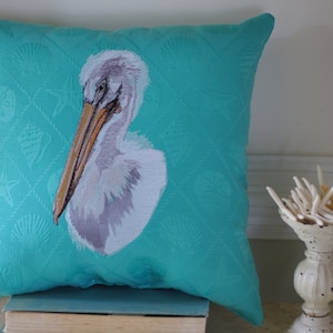 Embroidered Pelican Pillow - Shore Bird - Beach Decor