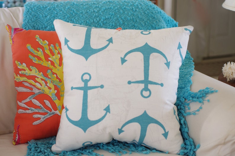 Anchors Away Pillow White, Gray, Aqua, Turquoise Anchor Pillow image 3