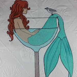 Embroidered Mermaid in a Martini Glass - Beach Decor Pillow