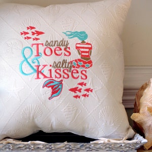 Embroidered Mermaid Pillow - Beach Decor - Mermaid Pillow - Sandy Toes & Salty Kisses