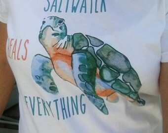 Saltwater Heals Everything Sea Turtle Ladies Round Neck Tshirt - Shelling Life® - Beachwear - Ladies Wear - FREE SHIPPING in US