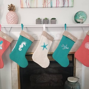 Beach Cottage Linen Christmas Stockings - Coastal Decor - Coastal Christmas - Holiday Decor