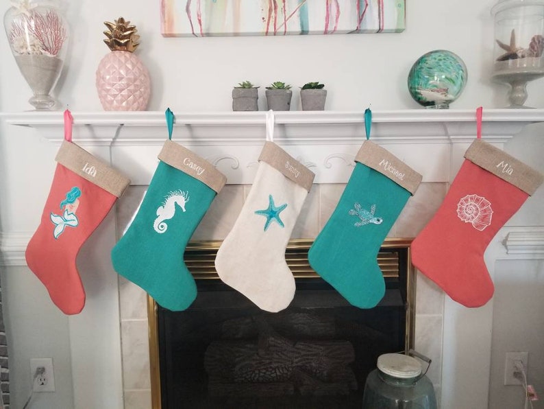 Beach Cottage Linen Christmas Stockings Coastal Decor Coastal Christmas Holiday Decor image 1