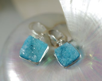 Aqua Blue Druzy Earrings - Sterling Silver Scallop Shell Leverback Earwires