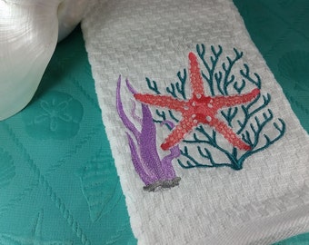 Coral Reef Embroidered Kitchen Towel - Embroidered Starfish - Beach Decor