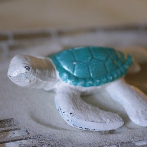 Beach Decor Cast Iron Baby Sea Turtle White and Metallic Turquoise image 3