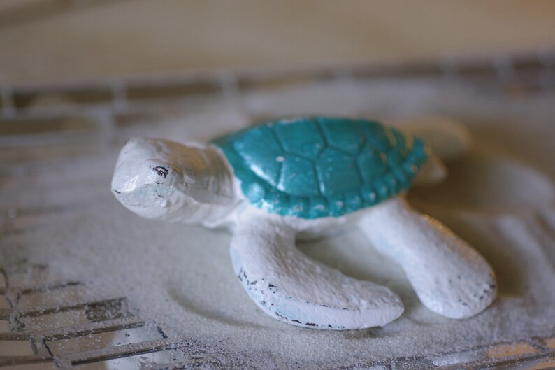 Beach Decor Cast Iron Baby Sea Turtle White and Metallic Turquoise image 3