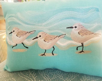 Embroidered Sandpiper Lumbar Pillow 12x16 - Coastal Decor - Linen