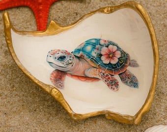 Whelk Shell Decoupaged Sea Turtle Trinket Dish