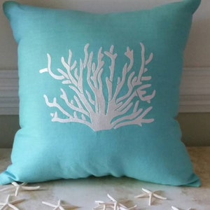 Beach Decor Turquoise Blue, Throw Pillow, Linen Coral Embroidered 16x16 Pillow