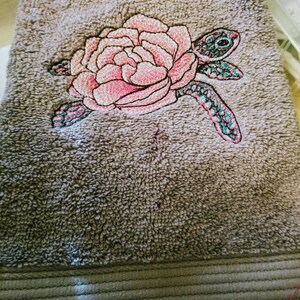 Sea Turtle Peony Flower Embroidered Bathroom Hand Towel 16x30 Coastal Christmas Beach House Nautical Decor image 2