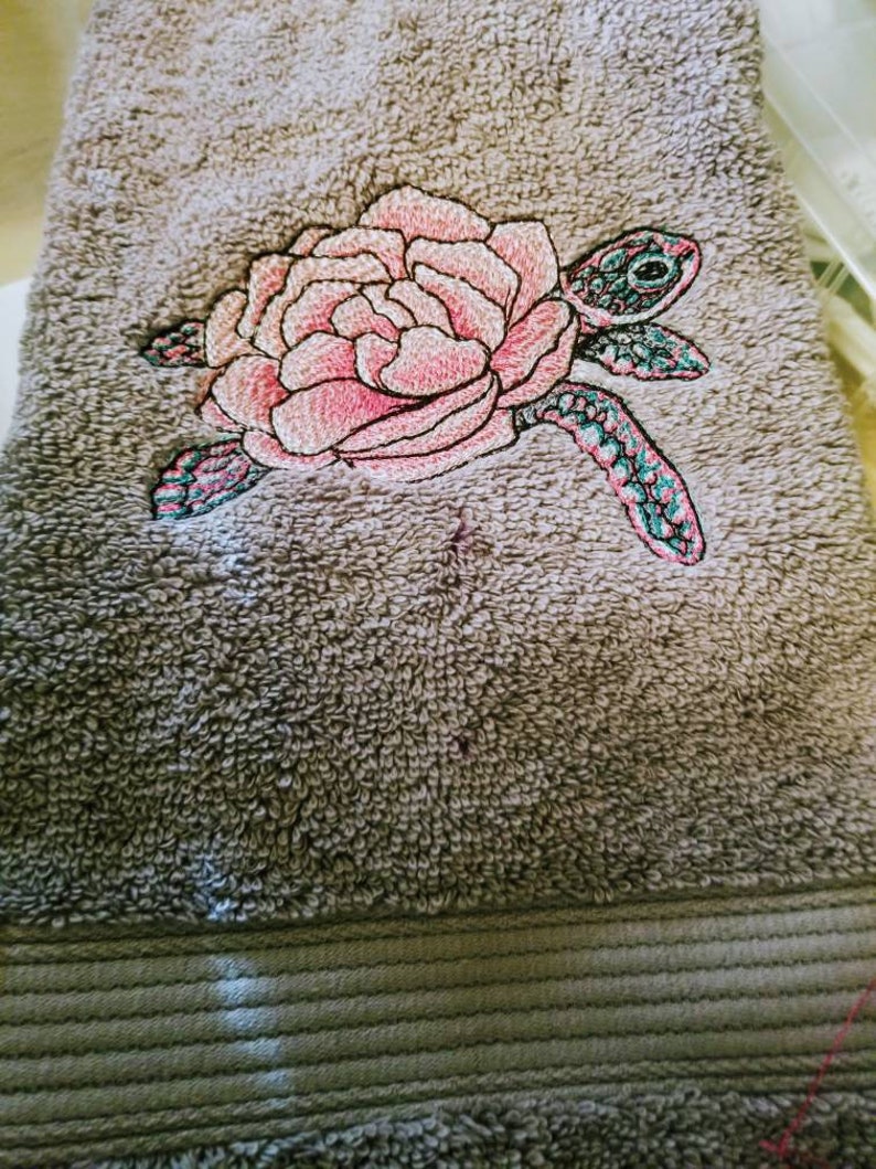 Sea Turtle Peony Flower Embroidered Bathroom Hand Towel 16x30 Coastal Christmas Beach House Nautical Decor image 2