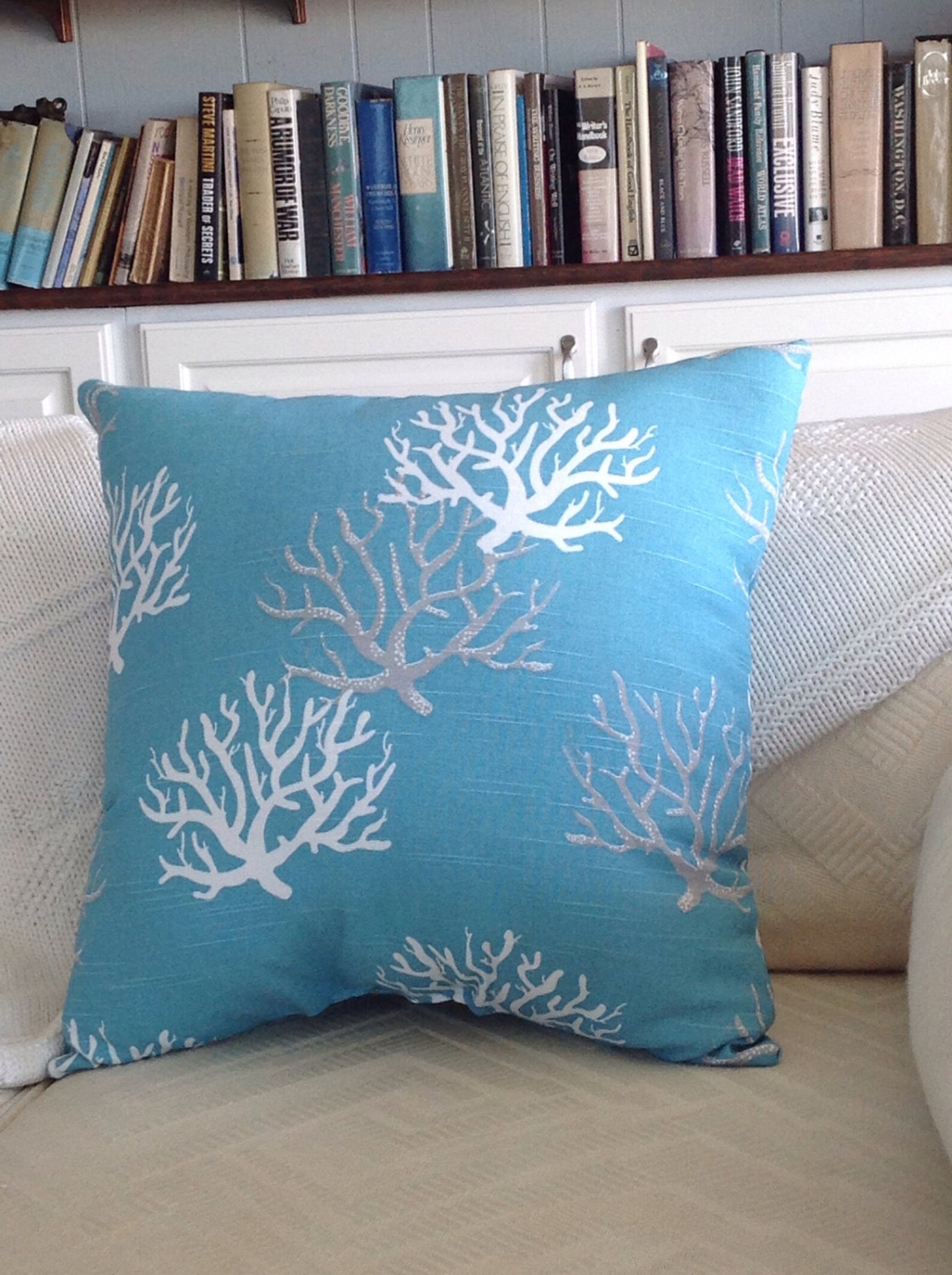 Aqua Blue Coral Throw Pillow Sea Fan Pillow Beach House Etsy