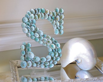 Beach House Seashell Decor Limpet Shell Sign Letter Monogram - Aqua