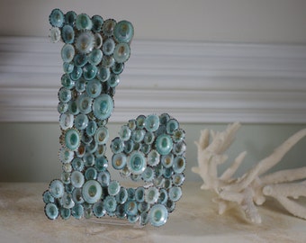 Beach House Seashell Decor Limpet Shell Sign Letter Monogram - Aqua