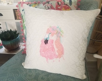 Almohada Flamingo Bordada Boho - Decoración de Playa - Almohada Flamingo