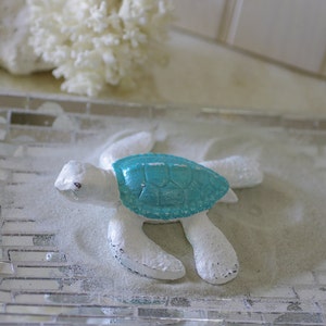 Beach Decor Cast Iron Baby Sea Turtle White and Metallic Turquoise image 1