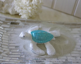 Beach Decor Cast Iron Baby Sea Turtle - White and Metallic Turquoise