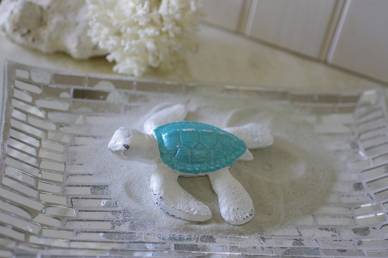 Beach Decor Cast Iron Baby Sea Turtle White and Metallic Turquoise image 1