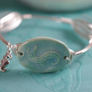 Seahorse Bangle Bracelet - Aqua Ceramic with Sea Glass