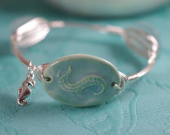 Seahorse Bangle Bracelet - Aqua Ceramic with Sea Glass