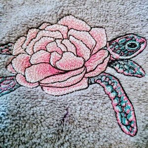 Sea Turtle Peony Flower Embroidered Bathroom Hand Towel 16x30 Coastal Christmas Beach House Nautical Decor image 1